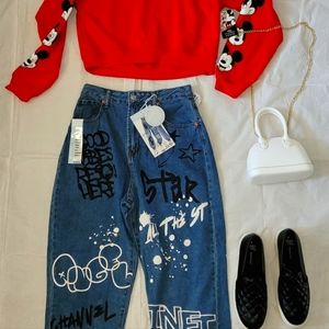 3 piece outfit Red Disney hoodie, Jean Jogger, and shoes